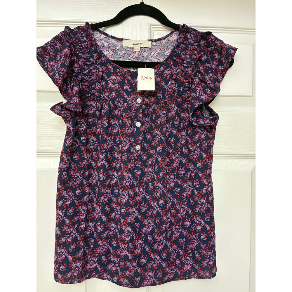 LOFT XXSP Navy Floral Button Front Ruffle Sleeve Blouse NWT